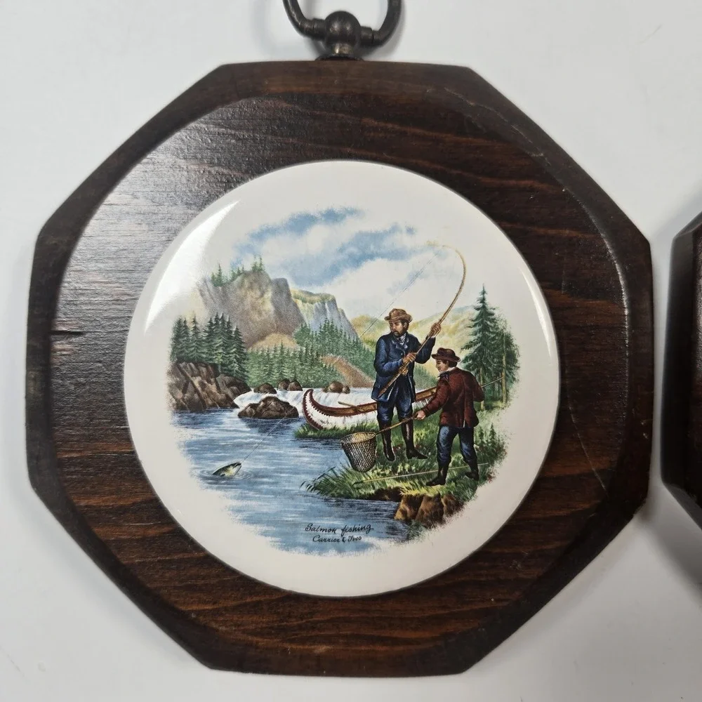 VTG Decorative Porcelain Mini Plates Mounted Wooden Wall Plaques Mid Century